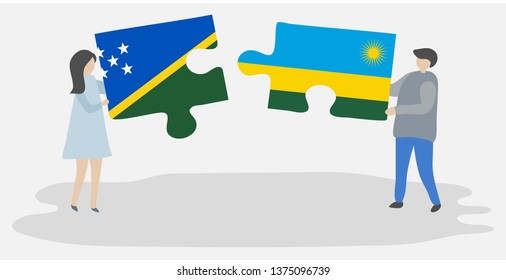 Couple holding two puzzles pieces with Solomon Island and Rwandan flags. Solomon Islands and Rwanda national symbols together.