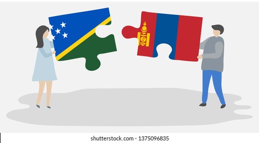 Couple holding two puzzles pieces with Solomon Island and Mongolian flags. Solomon Islands and Mongolia national symbols together.