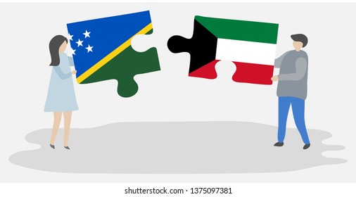 Couple holding two puzzles pieces with Solomon Island and Kuwaiti flags. Solomon Islands and Kuwait national symbols together.