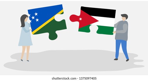 Couple holding two puzzles pieces with Solomon Island and Jordanian flags. Solomon Islands and Jordan national symbols together.