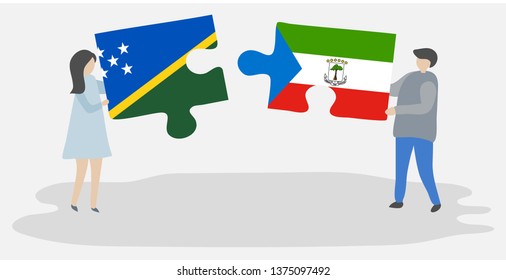 Couple holding two puzzles pieces with Solomon Island and Equatorial Guinean flags. Solomon Islands and Equatorial Guinea national symbols together.