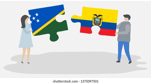Couple holding two puzzles pieces with Solomon Island and Ecuadorian flags. Solomon Islands and Ecuador national symbols together.