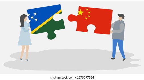 Couple holding two puzzles pieces with Solomon Island and Chinese flags. Solomon Islands and China national symbols together.