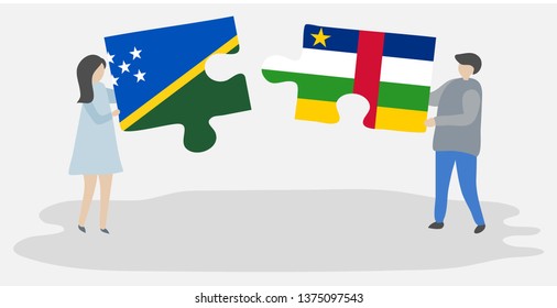 Couple holding two puzzles pieces with Solomon Island and Central African flags. Solomon Islands and Central African Republic national symbols together.
