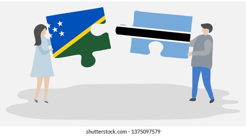 Couple holding two puzzles pieces with Solomon Island and Motswana flags. Solomon Islands and Botswana national symbols together.