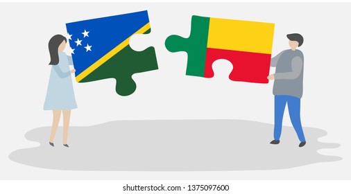 Couple holding two puzzles pieces with Solomon Island and Beninese flags. Solomon Islands and Benin national symbols together.