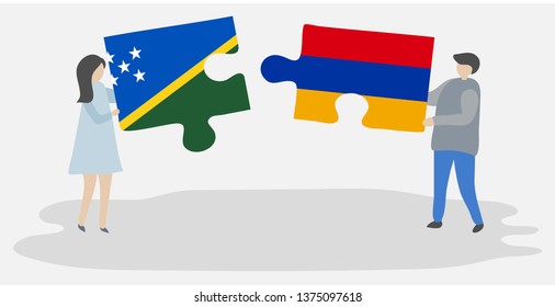 Couple holding two puzzles pieces with Solomon Island and Armenian flags. Solomon Islands and Armenia national symbols together.