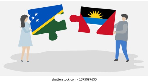 Couple holding two puzzles pieces with Solomon Island and Antiguan flags. Solomon Islands and Antigua and Barbuda national symbols together.