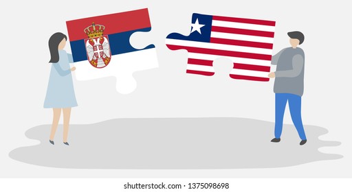 Couple holding two puzzles pieces with Serbian and Liberian flags. Serbia and Liberia national symbols together.