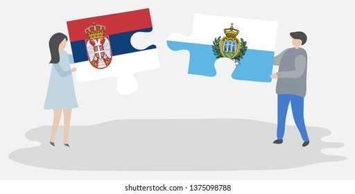 Couple holding two puzzles pieces with Serbian and Sammarinese flags. Serbia and San Marino national symbols together.
