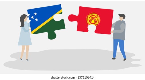 Couple holding two puzzles pieces with Solomon Island and Kirgiz flags. Solomon Islands and Kyrgyzstan national symbols together.