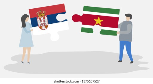 Couple holding two puzzles pieces with Serbian and Surinamese flags. Serbia and Suriname national symbols together.