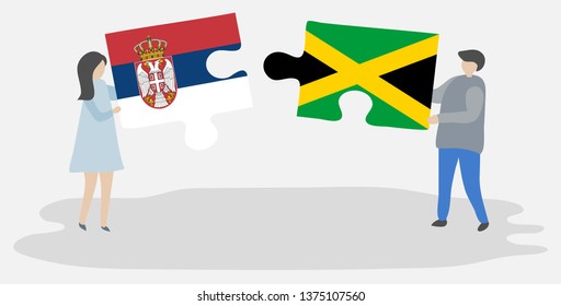 Couple holding two puzzles pieces with Serbian and Jamaican flags. Serbia and Jamaica national symbols together.
