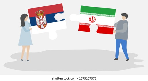 Couple holding two puzzles pieces with Serbian and Iranian flags. Serbia and Iran national symbols together.