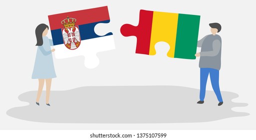 Couple holding two puzzles pieces with Serbian and Guinean flags. Serbia and Guinea national symbols together.