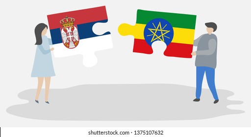 Couple holding two puzzles pieces with Serbian and Ethiopian flags. Serbia and Ethiopia national symbols together.