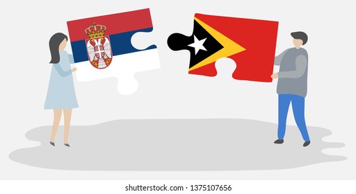Couple holding two puzzles pieces with Serbian and Timorese flags. Serbia and East Timor national symbols together.