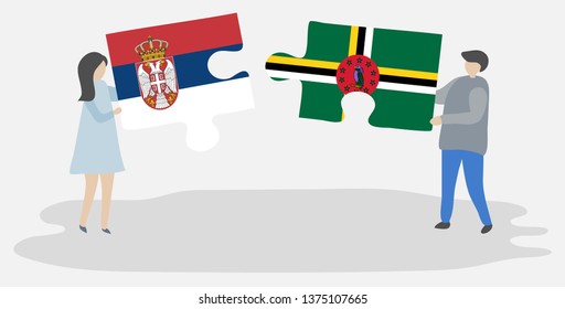 Couple holding two puzzles pieces with Serbian and Dominican flags. Serbia and Dominica national symbols together.