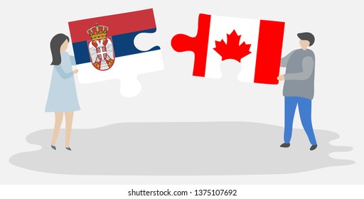 Couple holding two puzzles pieces with Serbian and Canadian flags. Serbia and Canada national symbols together.