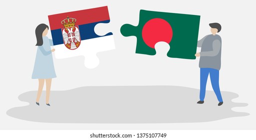 Couple holding two puzzles pieces with Serbian and Bangladeshi flags. Serbia and Bangladesh national symbols together.