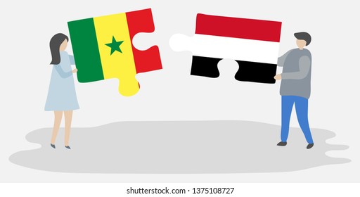 Couple holding two puzzles pieces with Senegalese and Yemeni flags. Senegal and Yemen national symbols together.