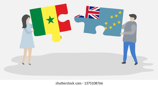Couple holding two puzzles pieces with Senegalese and Tuvaluan flags. Senegal and Tuvalu national symbols together.
