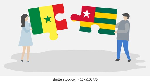 Couple holding two puzzles pieces with Senegalese and Togolese flags. Senegal and Togo national symbols together.