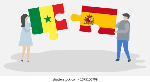 Couple holding two puzzles pieces with Senegalese and Spanish flags. Senegal and Spain national symbols together.