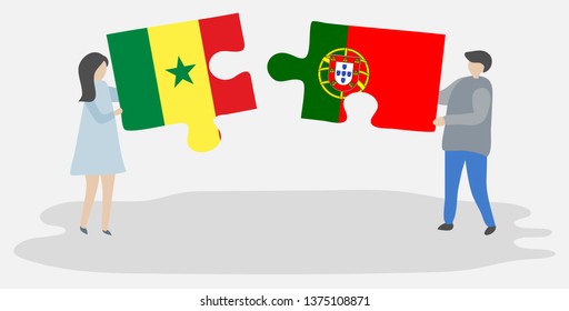 Couple holding two puzzles pieces with Senegalese and Portuguese flags. Senegal and Portugal national symbols together.