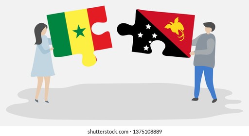 Couple holding two puzzles pieces with Senegalese and Papuan flags. Senegal and Papua New Guinea national symbols together.