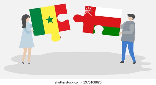 Couple holding two puzzles pieces with Senegalese and Omani flags. Senegal and Oman national symbols together.