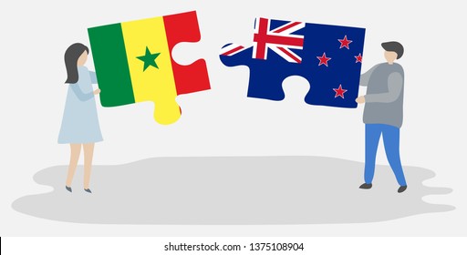 Couple holding two puzzles pieces with Senegalese and NZ flags. Senegal and New Zealand national symbols together.