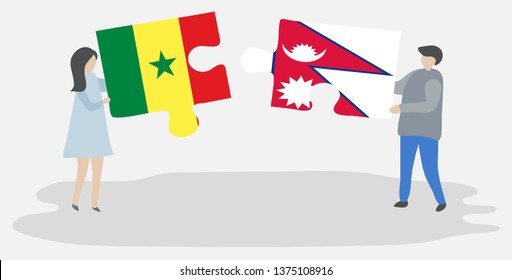 Couple holding two puzzles pieces with Senegalese and Nepalese flags. Senegal and Nepal national symbols together.