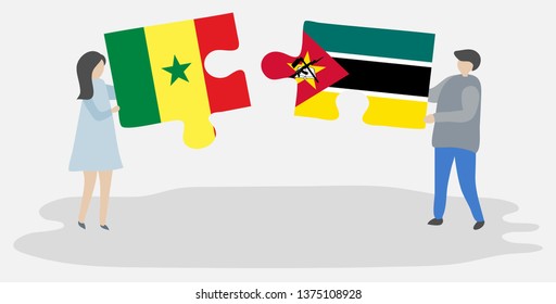 Couple holding two puzzles pieces with Senegalese and Mozambican flags. Senegal and Mozambique national symbols together.