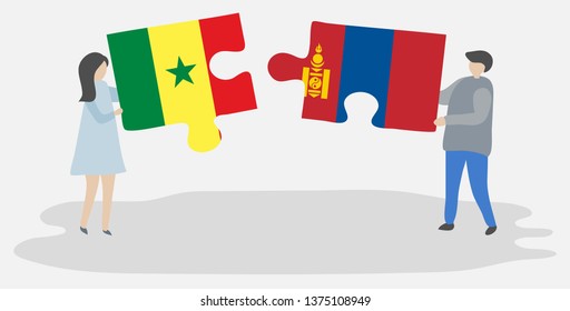 Couple holding two puzzles pieces with Senegalese and Mongolian flags. Senegal and Mongolia national symbols together.