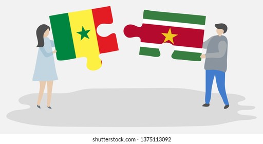 Couple holding two puzzles pieces with Senegalese and Surinamese flags. Senegal and Suriname national symbols together.