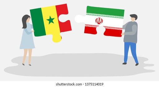 Couple holding two puzzles pieces with Senegalese and Iranian flags. Senegal and Iran national symbols together.