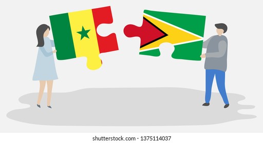 Couple holding two puzzles pieces with Senegalese and Guyanese flags. Senegal and Guyana national symbols together.