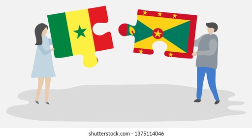Couple holding two puzzles pieces with Senegalese and Grenadian flags. Senegal and Grenada national symbols together.