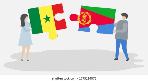 Couple holding two puzzles pieces with Senegalese and Eritrean flags. Senegal and Eritrea national symbols together.