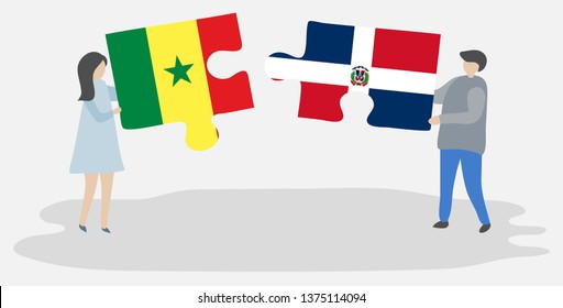 Couple holding two puzzles pieces with Senegalese and Dominican flags. Senegal and Dominican Republic national symbols together.