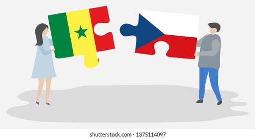 Couple holding two puzzles pieces with Senegalese and Czech flags. Senegal and Czech Republic national symbols together.