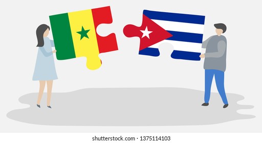 Couple holding two puzzles pieces with Senegalese and Cuban flags. Senegal and Cuba national symbols together.