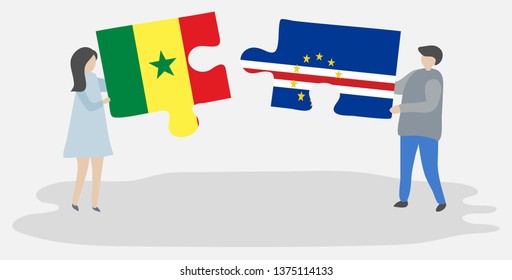 Couple holding two puzzles pieces with Senegalese and Cabo Verdean flags. Senegal and Cape Verde national symbols together.