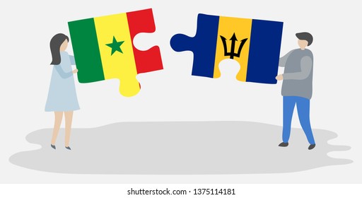 Couple holding two puzzles pieces with Senegalese and Barbadian flags. Senegal and Barbados national symbols together.
