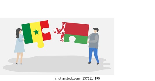 Couple holding two puzzles pieces with Senegalese and Belarusian flags. Senegal and Belarus national symbols together.