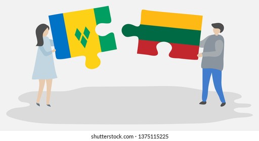 Couple holding two puzzles pieces with Vincentian and Lithuanian flags. Saint Vincent and the Grenadines and Lithuania national symbols together.