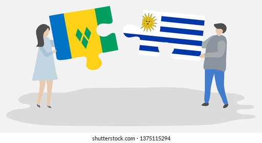 Couple holding two puzzles pieces with Vincentian and Uruguayan flags. Saint Vincent and the Grenadines and Uruguay national symbols together.