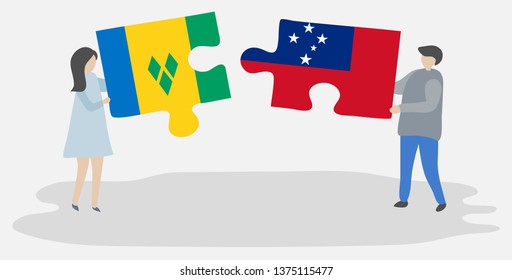 Couple holding two puzzles pieces with Vincentian and Samoan flags. Saint Vincent and the Grenadines and Samoa national symbols together.