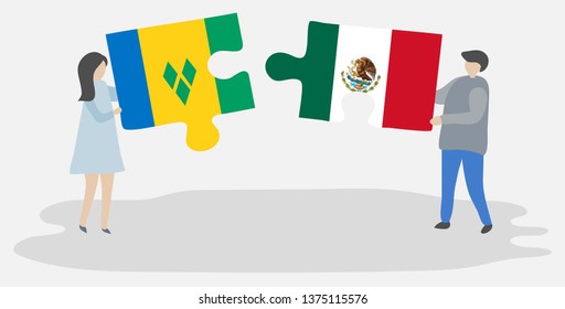 Couple holding two puzzles pieces with Vincentian and Mexican flags. Saint Vincent and the Grenadines and Mexico national symbols together.